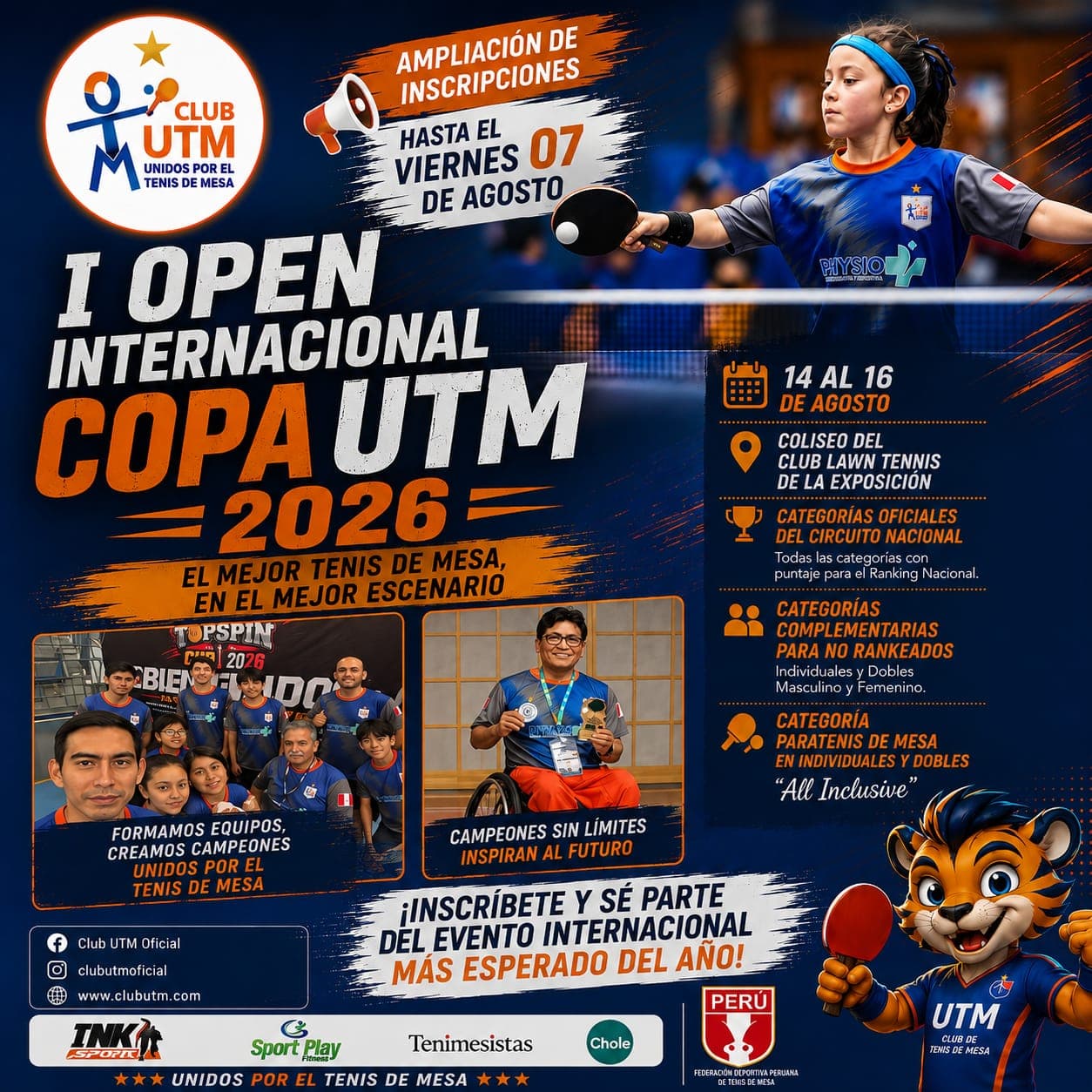 Afiche del I Open Internacional Copa UTM 2026, del 14 al 16 de agosto